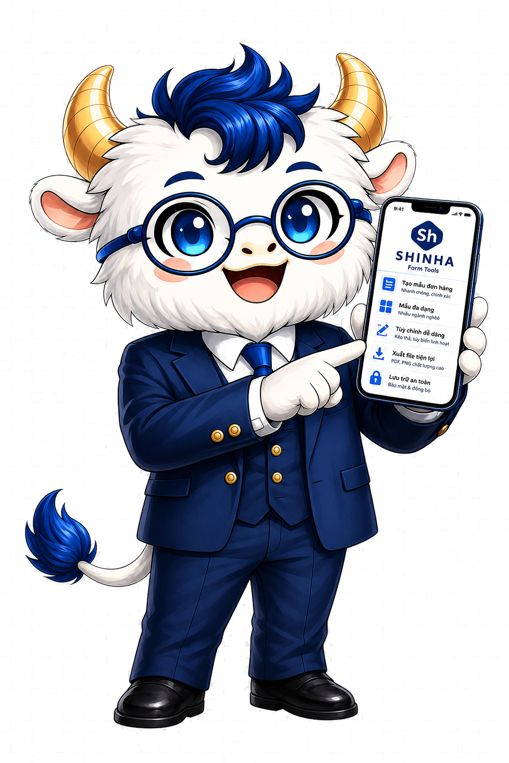 Mascot SHINHA cầm điện thoại